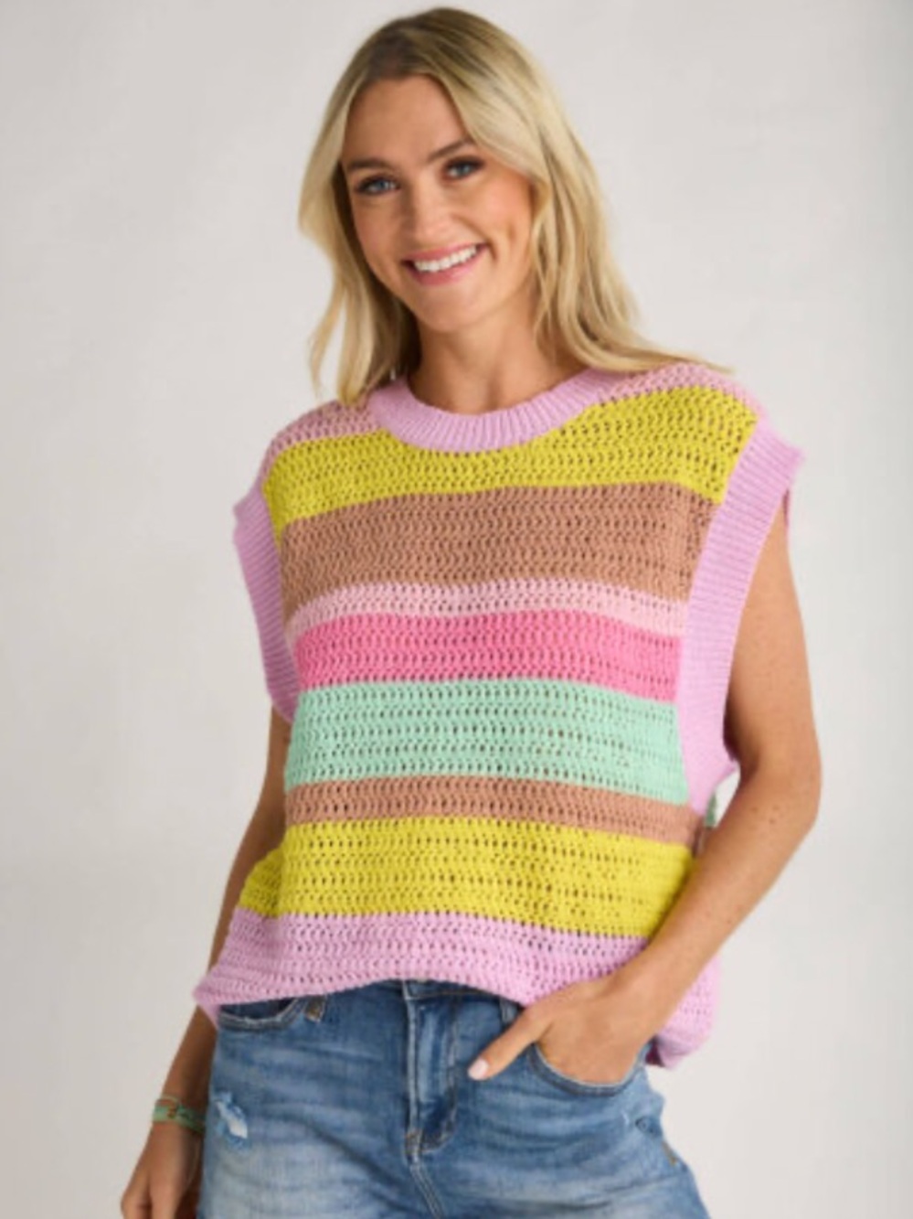 DAVI & DANI Pink Striped Open Crochet Knit Sweater Vest w. Yellow, Brown, Mint L